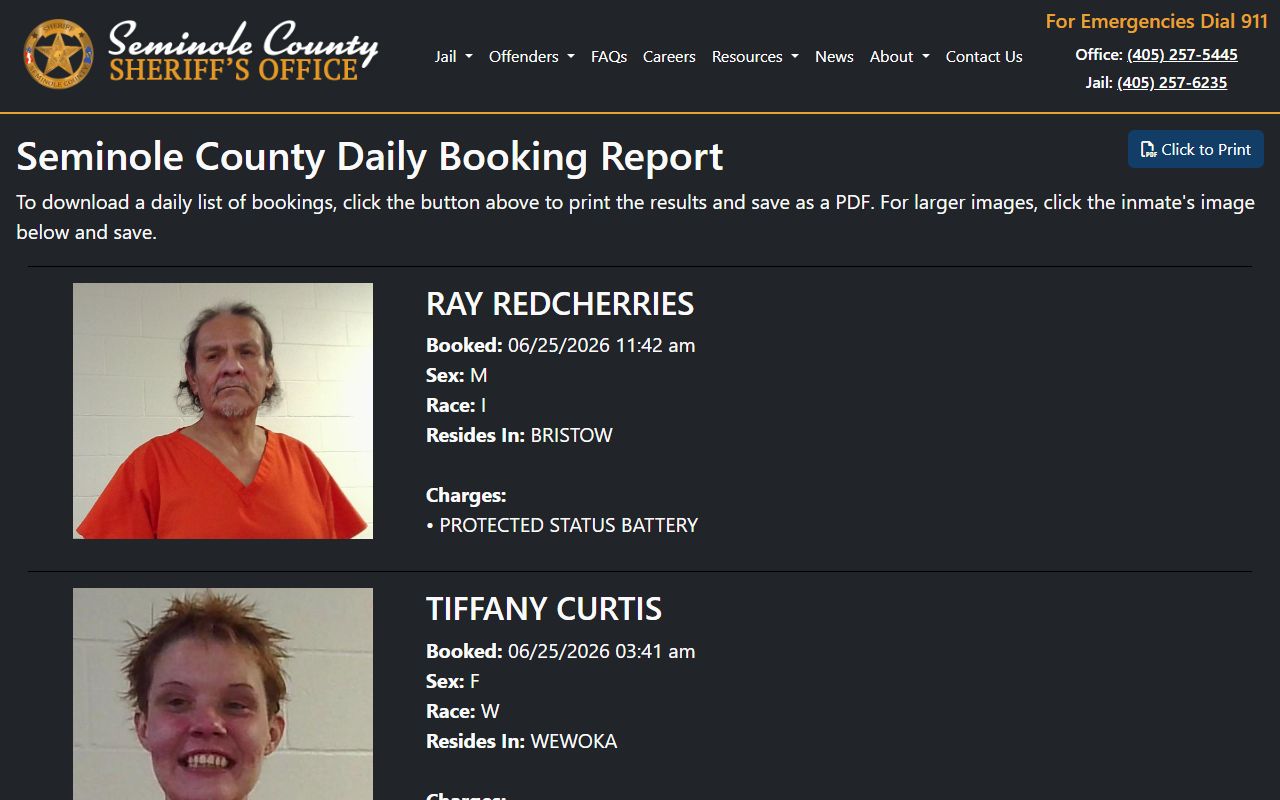 Seminole County Jail daily booking report and recent inmate records