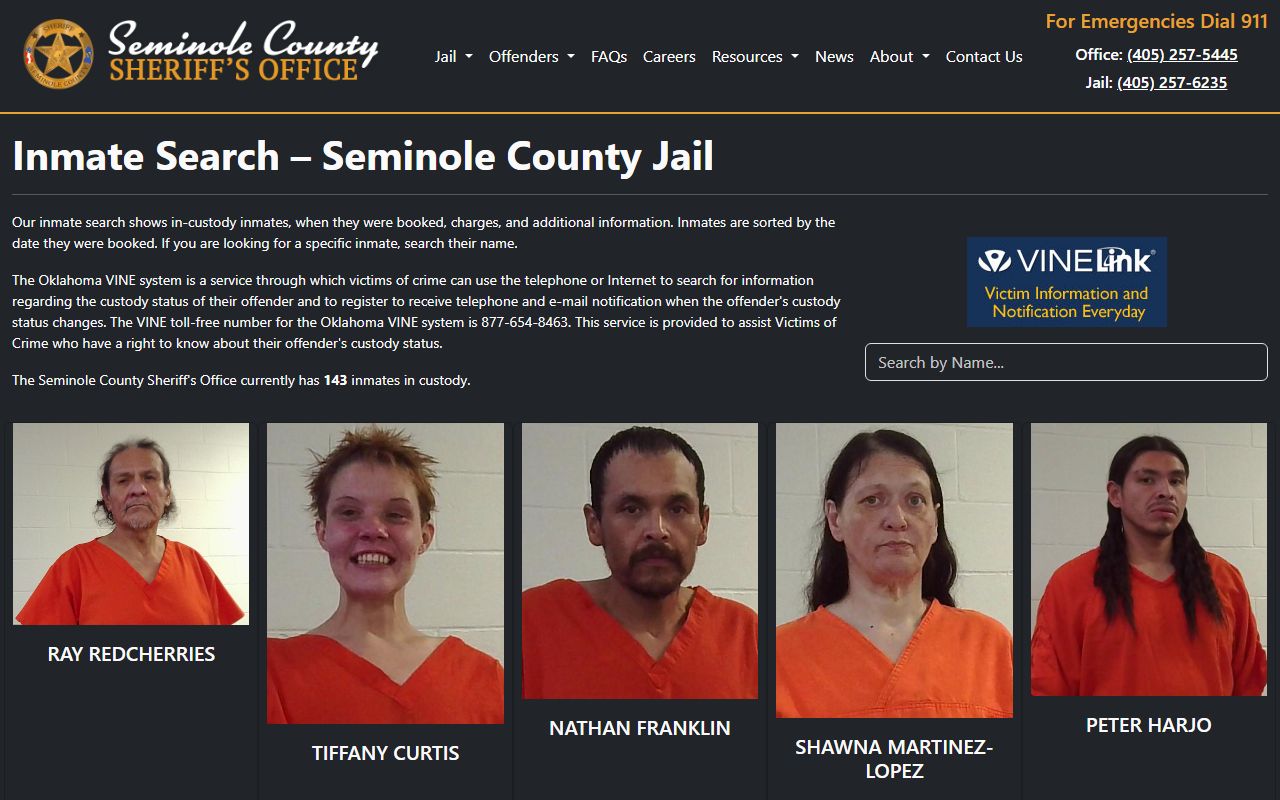 Seminole County inmate population jail roster search page